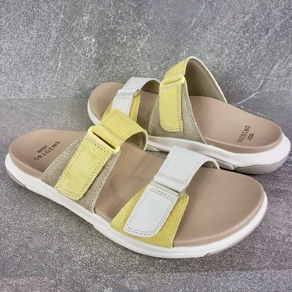 Earth Origins Cream and Yellow Suede Slide Sandals - Picture 3 of 8